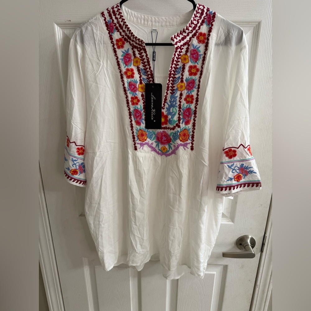 Laura Klein Embroidered White Top with Multicolor Accents
